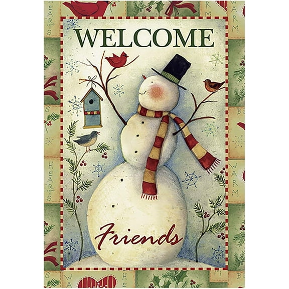 Welcome Friends Snowman and Cardinals Decorative Happy Winter House Flag 28x40 inch