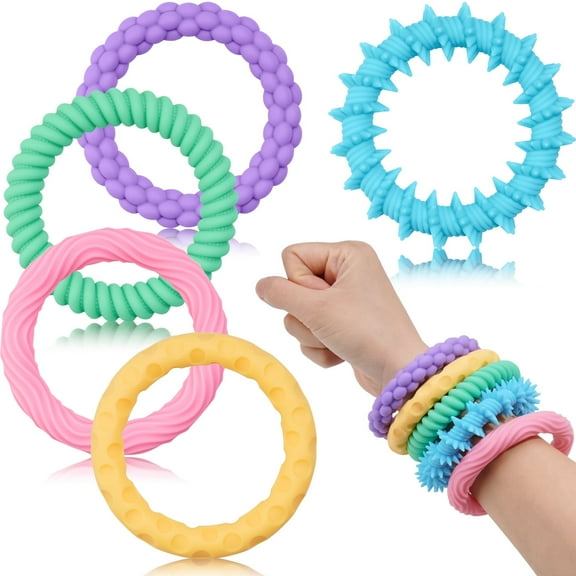 5-Pack Macaron Colors Silicone Stretchy Bracelet Fidget Toys for Kids, Textured Design Sensory Chew Toys for Anxiety Relief and Focus, Wearable Stress Relief Band Toys for Toddlers and Children