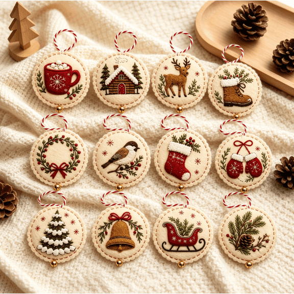 12pcs DIY Felt Christmas Ornament Kit, Hand Embroidery Christmas Ornaments kit, Beginner Craft Set for Adults, Hanging Set, Cross Stitch Pattern, Decoration Making Materials, A Style