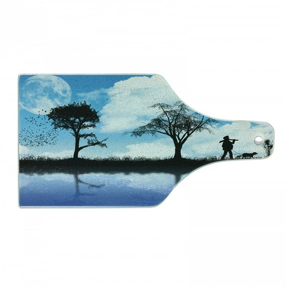 Nature Cutting Board, Man with the Dog Walking by the Lake with Tree Reflection Moon Sky Print, Tempered Glass Cutting and Serving Board, Wine Bottle Shape, Sky Blue Black White, by Ambesonne