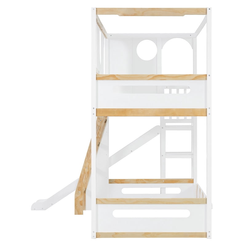 Twin Size Versatile Kids Loft/Bunk Bed with Floor Bed, House Bed Frame with Slide, Storage Shelves and Guardrails