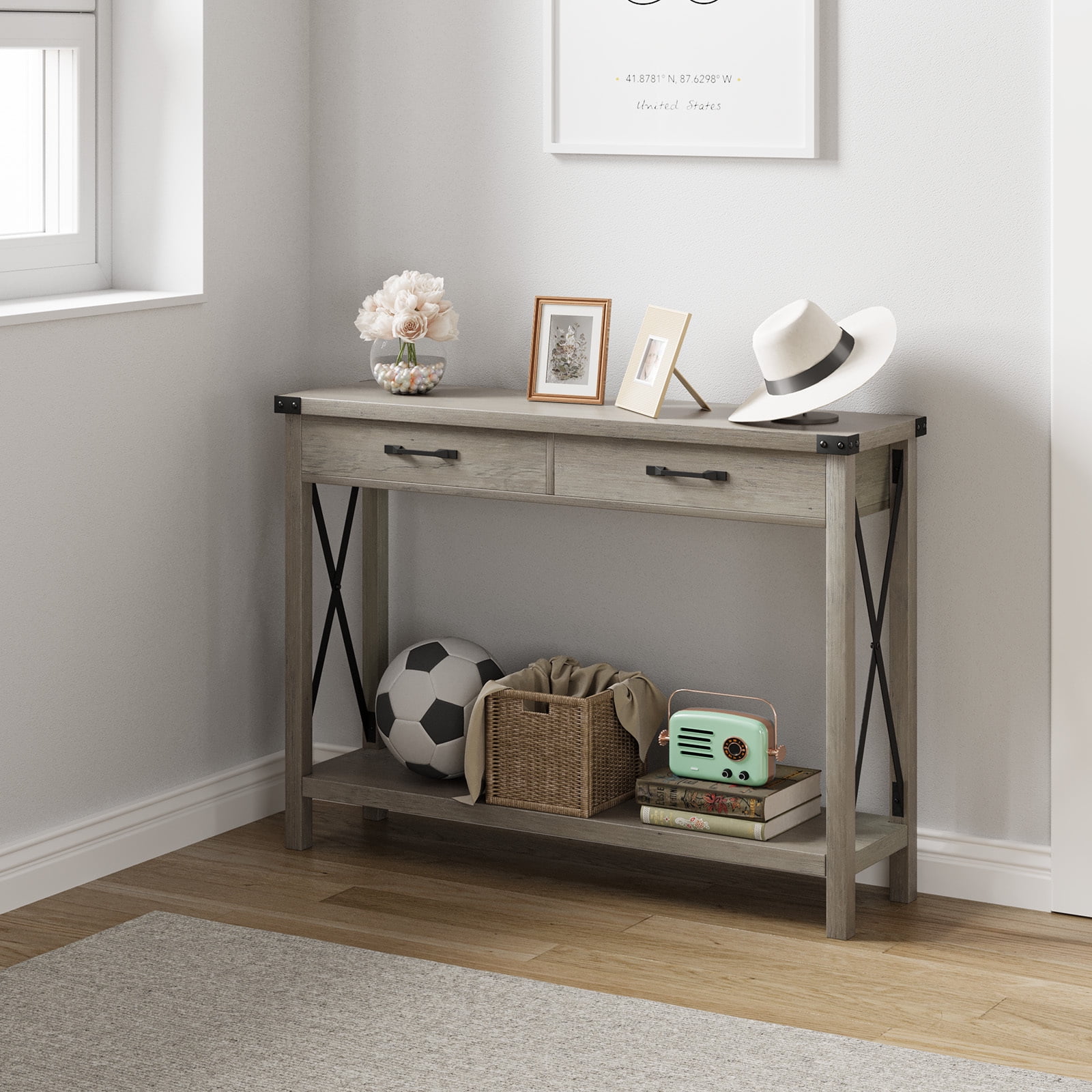 Towallmark Console Table with 2 Drawers, Rustic Hallway Table with Storage Shelves, Narrow Sofa Entryway Table for Living Room, Grey