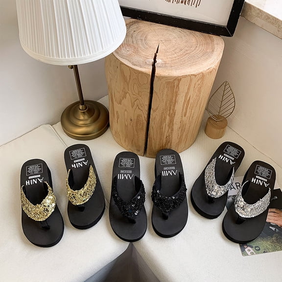 pwidon Women's Wedge Platform Thong Flip Flops Sequin Sparkly Bling Open Toe Slip On Summer Beach Casual Walking Sandals Black 5.5