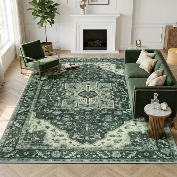 WANLISELL 8'x10' Area Rugs for Living Room, Non Slip Stain Resistant Washable Rug Vintage Soft Bedroom Rug, Non-Shedding Distressed Farmhouse Dining Room Rugs, Dark Green