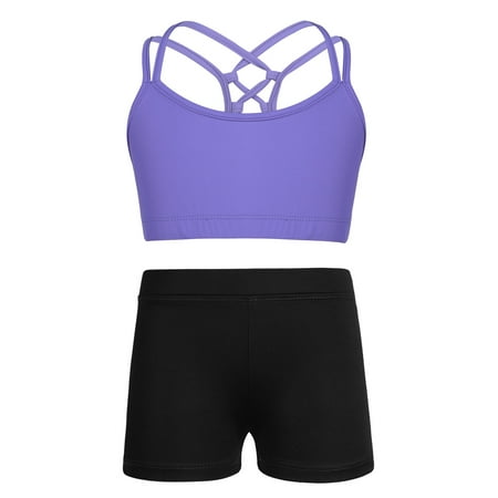 Venjoe Kids Girls Sports Dance Outfits Criss Cross Back Crop Top Bra with Shorts set Gymnastics Lavender 6