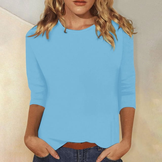 Hauts pour Femmes à Manches 3/4, Coupe Ample Décontractée, Col Rond, T-Shirts Mignons, Tunique Unie à Manches Trois-Quarts, T-Shirt Long pour Femmes, T-Shirt de Course pour Femmes, T-Shirts à Manches Longues pour Femmes, Haut de Course pour Femmes, Petit