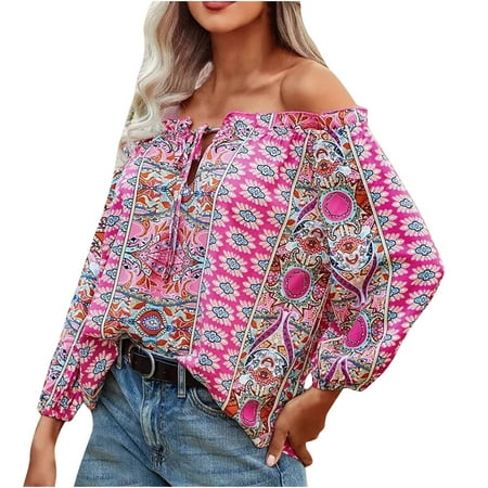 

Fashion Women Summer Long Sleeve One Shoulder Pullover Printed Casual Blouse Loose Fit Tops Fashion Long Sleeve Comfy Tunic Blouse Top for Ladies