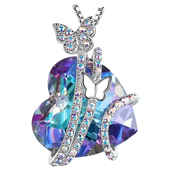 Butterfly Love Heart Pendant Necklace with Birthstone Crystals, Mothers Day Gifts, Easter Basket Stuffers, Anniversary Birthday Jewelry for Women Mom Grandma Wife Girlfriend