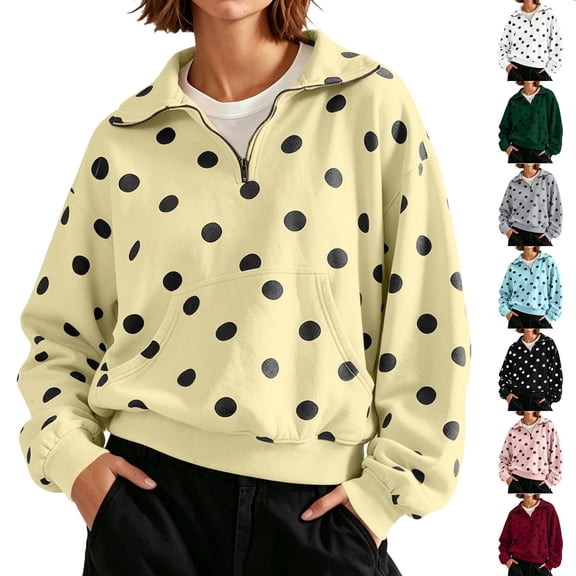 Womens Polka Dot 1/4 Zip Sweatshirts Oversized Fleece Pullover Long Sleeve Loose Casual Fall Winter Top with Pockets (XL, Yellow)