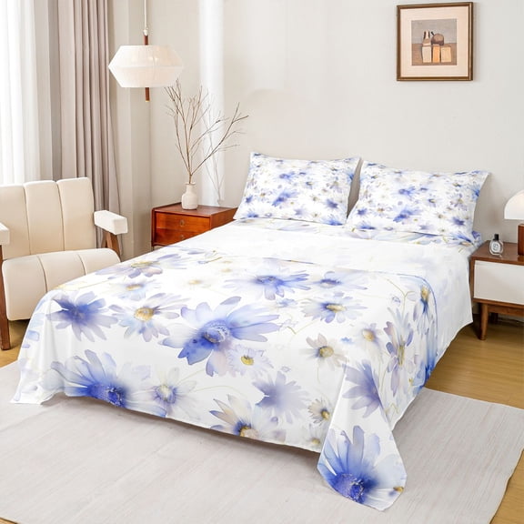 Homewish Daisy Flowers Twin Sheet Sets 3pcs for Female Men Adults,Abstract Gradient Blossoms Twin Fitted Sheet Microfiber,Spring Garden Breathable Flat Sheet,Breathable Home Decor