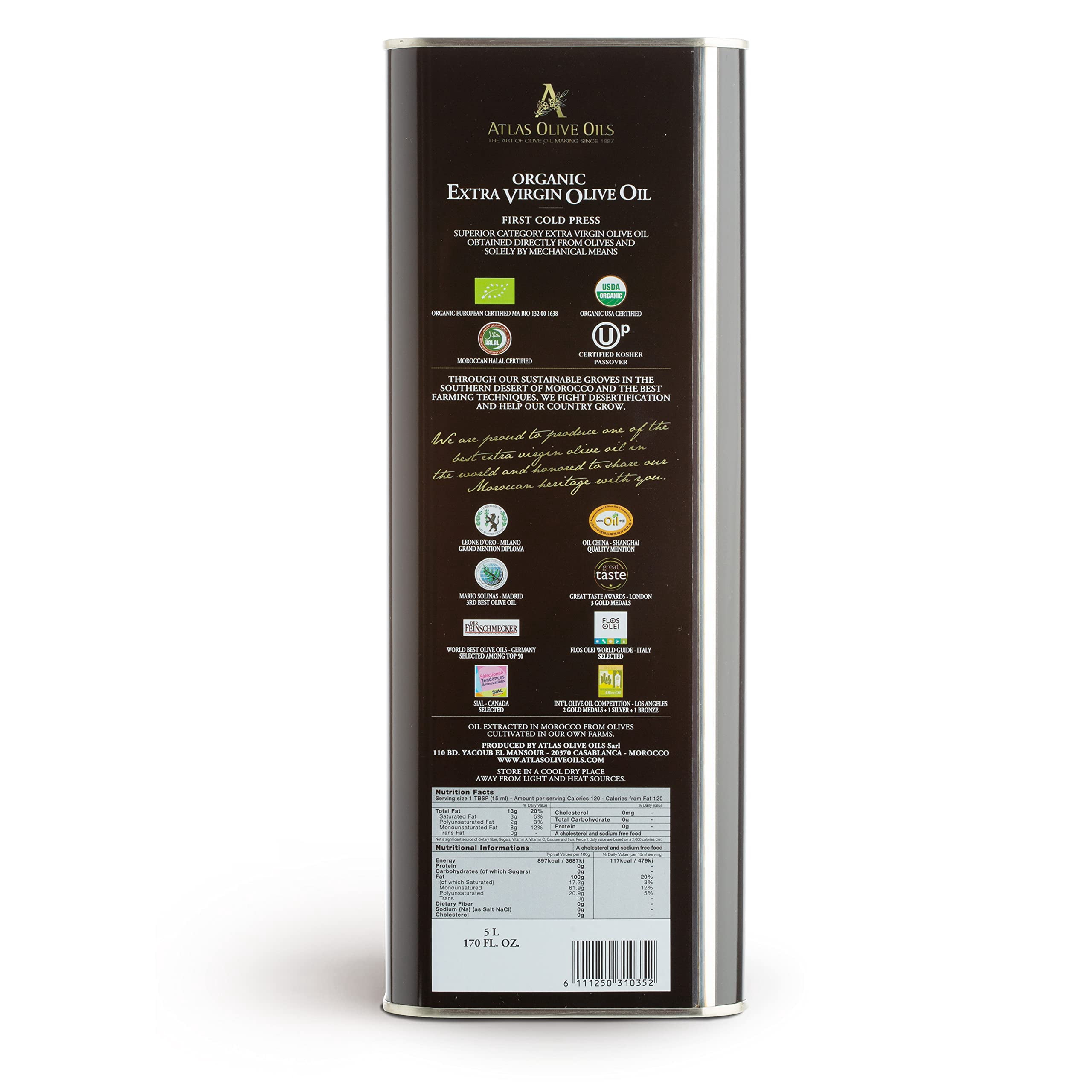 A ATLAS OLIVE OILS GGA1 Bulk Organic Cold Moroccan Extra Virgin Olive Oil, Polyphenol Rich, Newly Harvested Unprocessed from One Single Family Farm Cold Press Ext. Virgin 170 Fl Oz (Pack of 1)