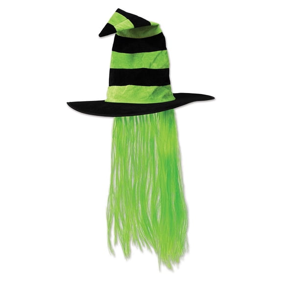 Beistle Pack of 6 Lime Green and Black Halloween Witch Hat with Hair