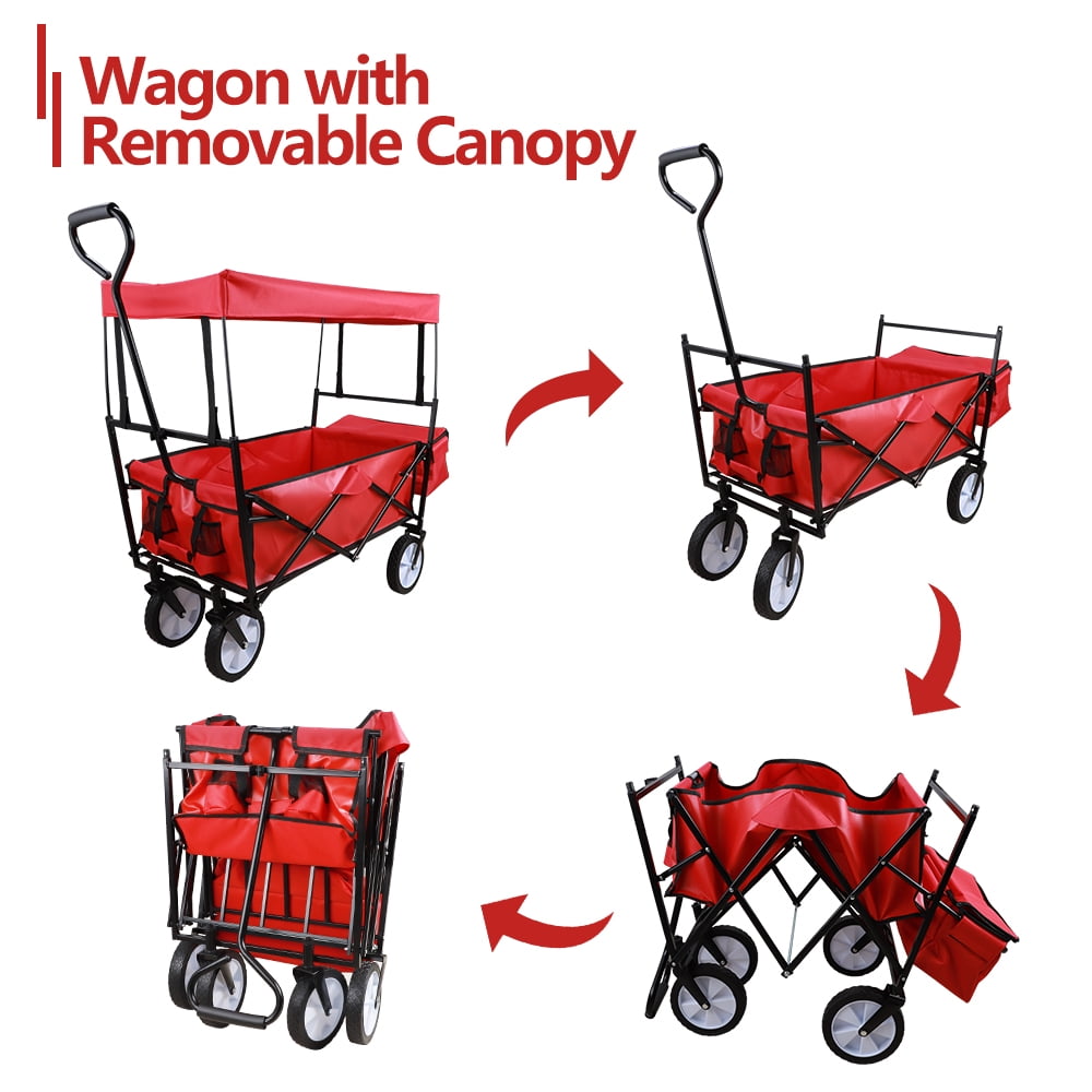 SESSLIFE Folding Beach Wagon for Sand, Collapsible Wagon Cart with Removable Canopy, Adjustable Handles, Extra Pocket and Cup Holder, Utility Cargo Wagon, Red, TE2239