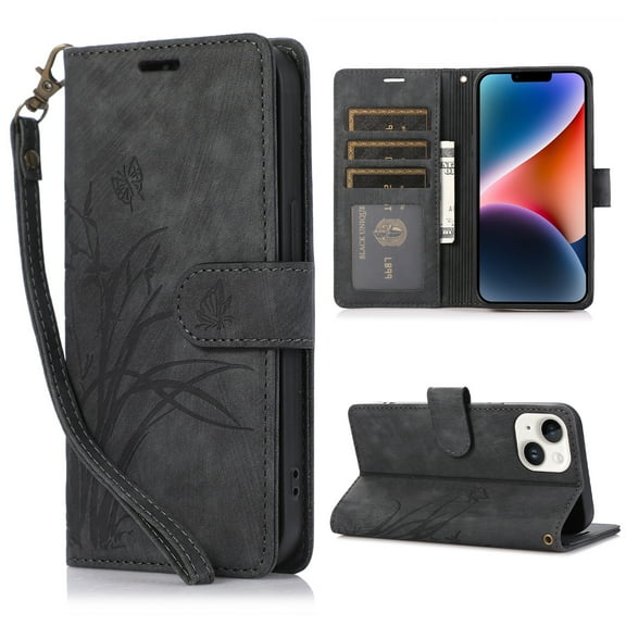 Nalacover Slim Wallet Case for iPhone 15, for Women Men, Embossed Pattern PU Leather Shockproof Magnetic Clasp Credit Card Slots Flip Kickstand Phone Case Wrist Strap,Black