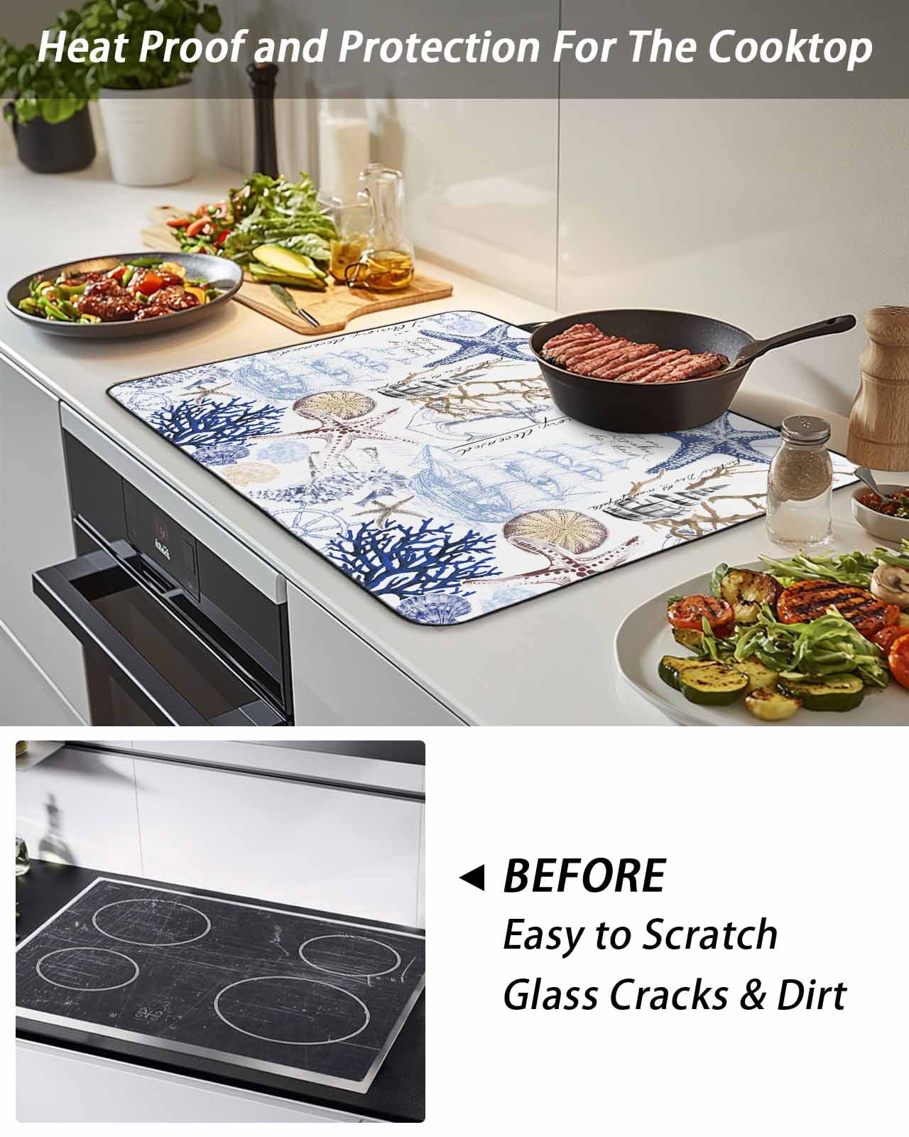 Stove Top Covers for Electric Stove, Blue Brown Coastal Glass Stovetop Cover Protector, Summer Beach Nautical Coral Starfish Induction Cooktop Protector Oven Mat for Kitchen Countertop 24"x21"
