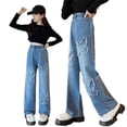 thumbnail image 5 of oqasdz Girls Wide Leg Denim Pants with Embroidery and Applique Patchwork Stretch Jeans for Youth Versatile Casual Dailywear, 5 of 7