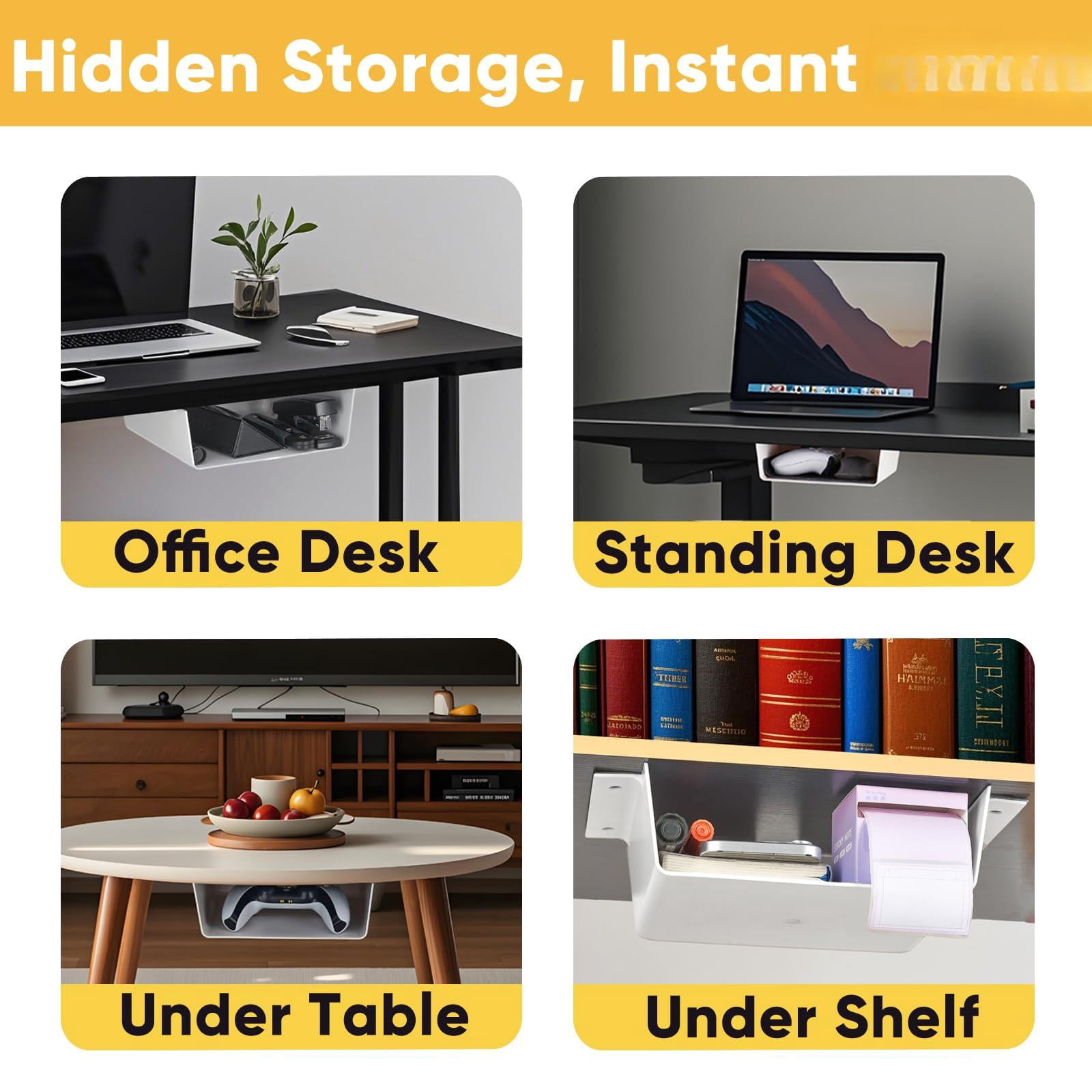 2 Pack Under Desk Hanging Shelf Drawer Organizer  Attachable Plastic Storage Tray Easy Adhesive Mount Holder For Standing Tables Office Counters Cabinets Workstations - White