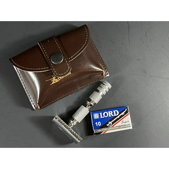 4 Piece Travel Safety Razor & Leather Case with 10 Shaving Blades LORD