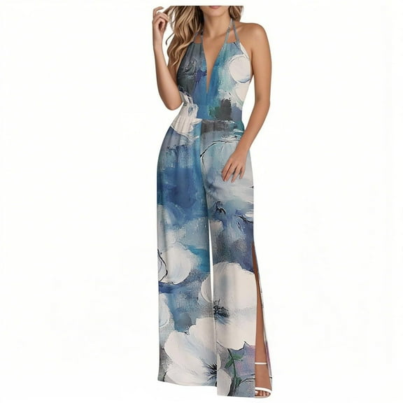 successthop Womens Dressy Jumpsuits Wedding Guest Loose V Neck One Piece Tie Back Elastic Wide Leg Floral Lounge Wear XL