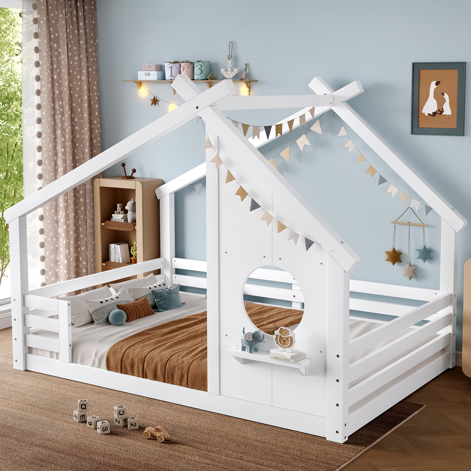 Jopath Full Size House Floor Bed with Window and a Small Shelf, Solid Wood Floor Bed with House-shaped Roof for Boys Girls White