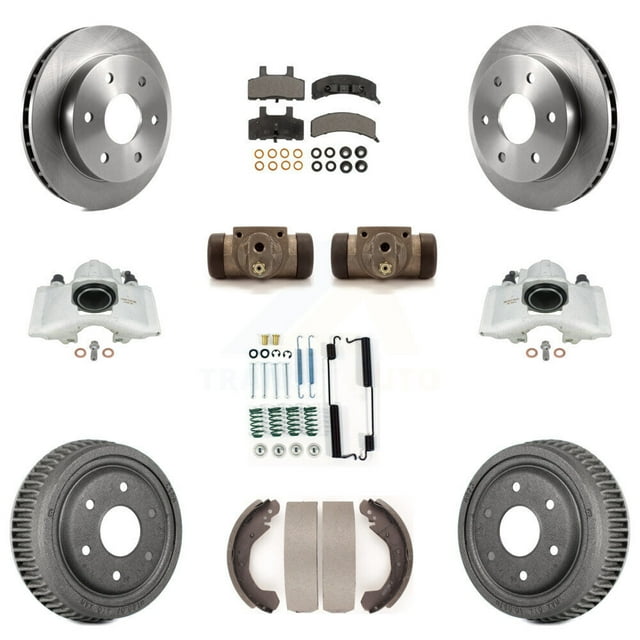 Transit Auto Front Rear Disc Brake Caliper Rotors Drums Ceramic Pads Shoes Wheel Cylinders and Hardware Kit (11Pc) for Car 1992-1998 Chevrolet K1500 with 10" Diameter Drum KC8-100888T