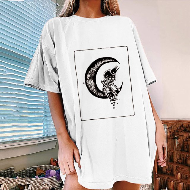 Pntutb Camiseta de manga corta con cuello redondo y estampado de calavera de sol y luna informal para mujer Pntutb Pntutb-6184