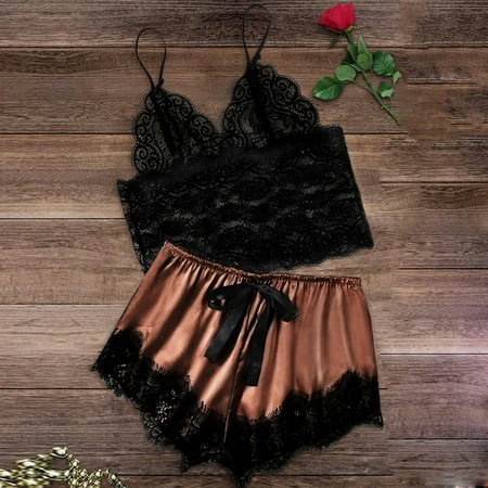 WFJCJPAF Lingerie Sets Intimate Women Lace Satin Bra Camisole Sling Tops Shorts Pajamas Two Piece Set Bronze XXL