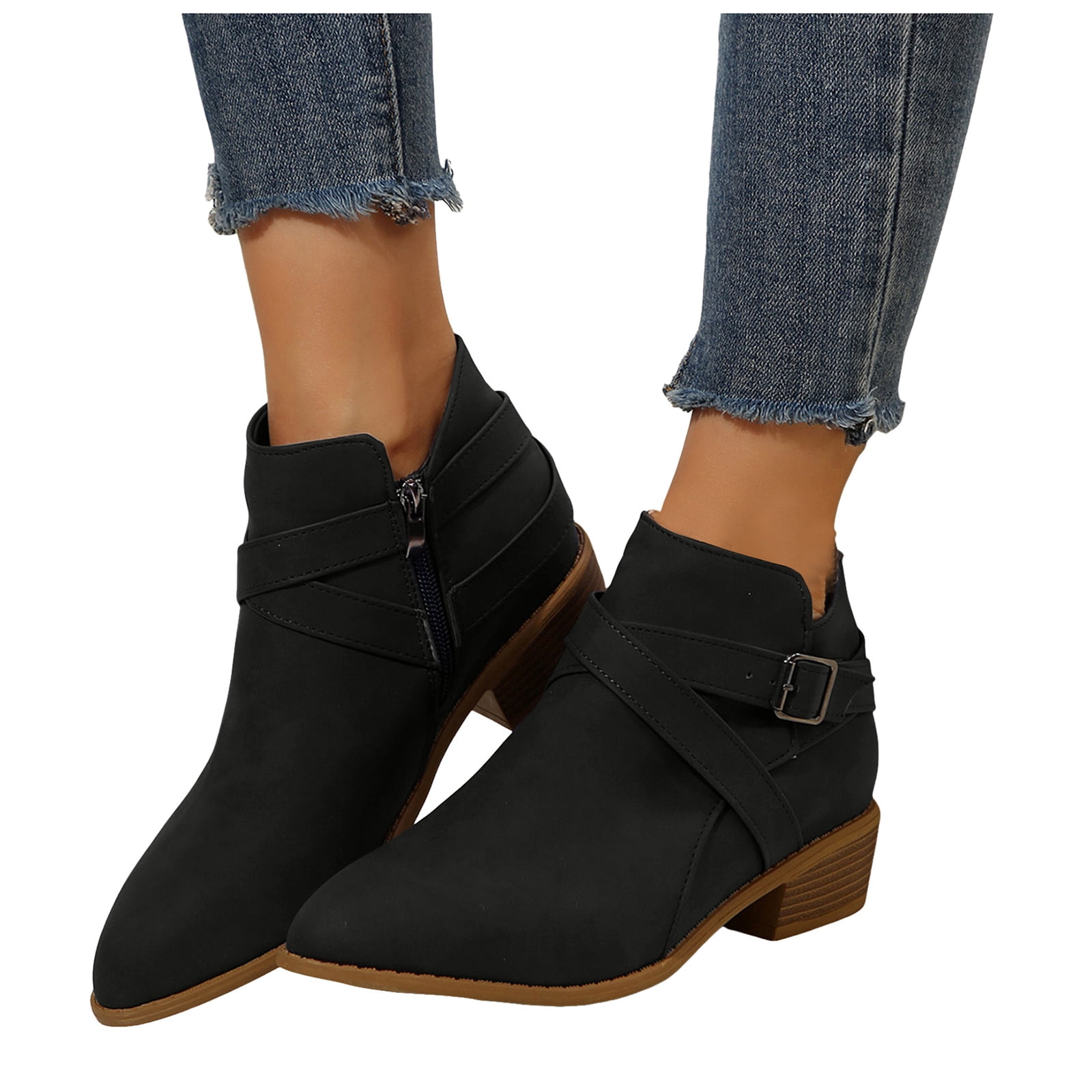 Bottines Femme En Daim - Talon Bloc, Bout Pointu, Boucle, Fermeture Zip - 4
