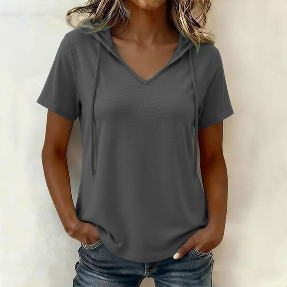 Molidfa women's hooded v neck short sleeve drawstring casual blouse