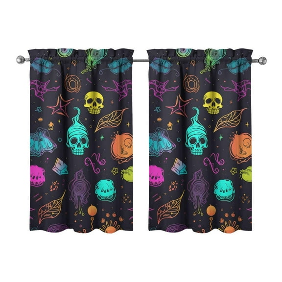 Set of 2 Halloween Tier Curtains with Pumpkin and Full Moon Artwork, Gothic Semi-Sheer Kitchen Window Panels 27.5x39in(70x99cm)Kitchen Curtains