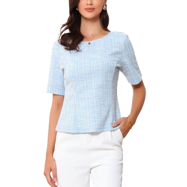 Blusa de trabajo de manga corta y cuello redondo para mujer, pulóver Tweed, talla XS, color azul