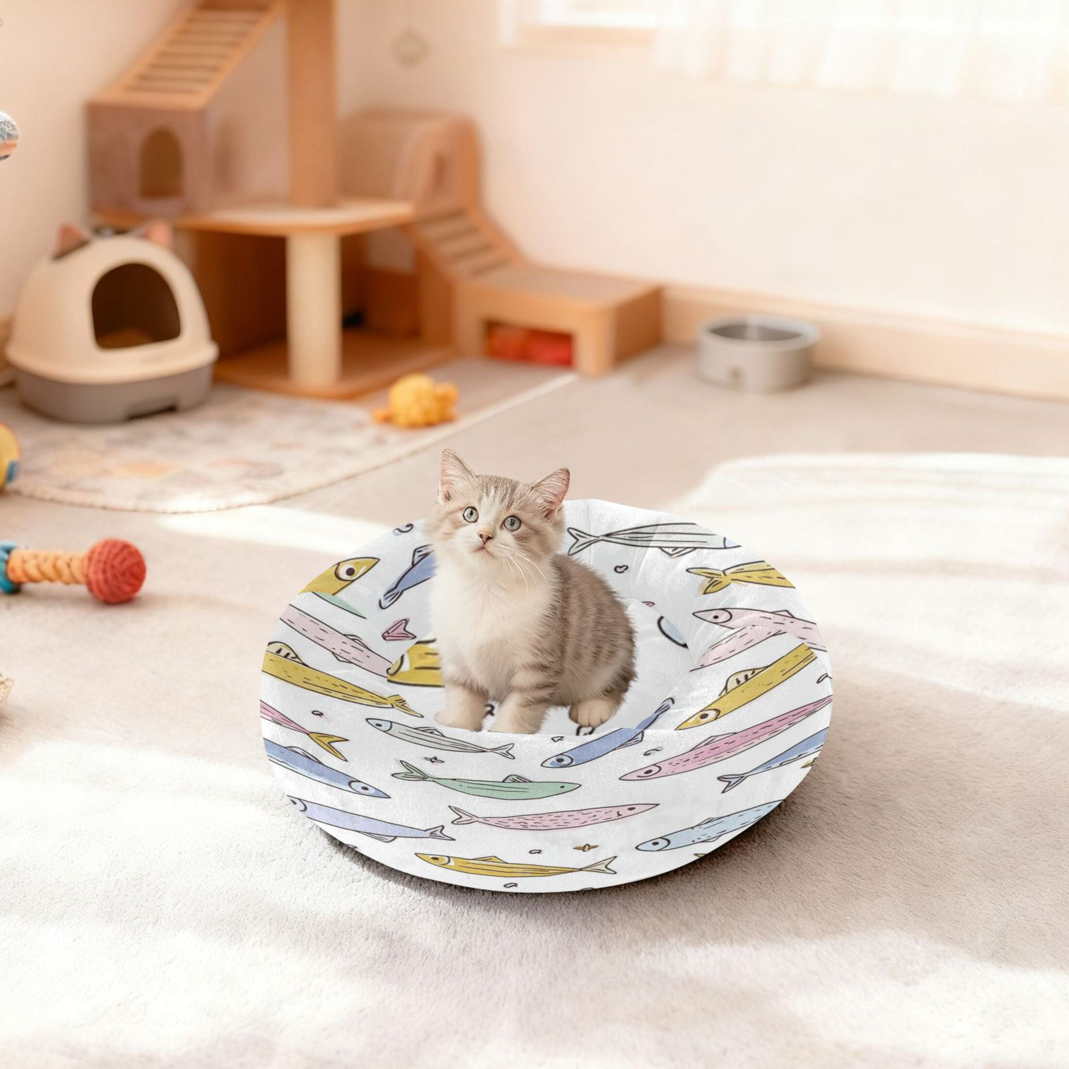 Iauyy Pet Couch Donut Cat Bed for Indoor Cats/Small Dogs Washable & Machine with Non-slip Bottom Calming Cat Furniture, Cartoon Sardines (M)