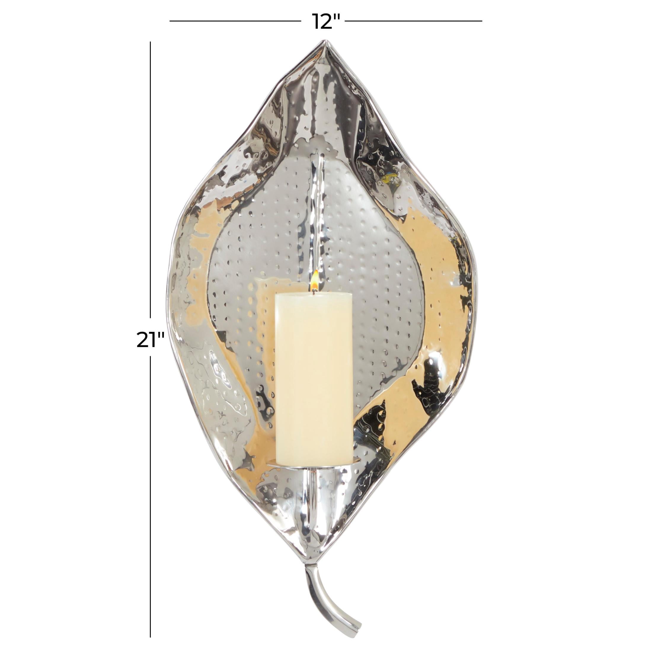 DecMode Silver Stainless Steel Metal Leaf Slim Wall Sconce with Hammered Design