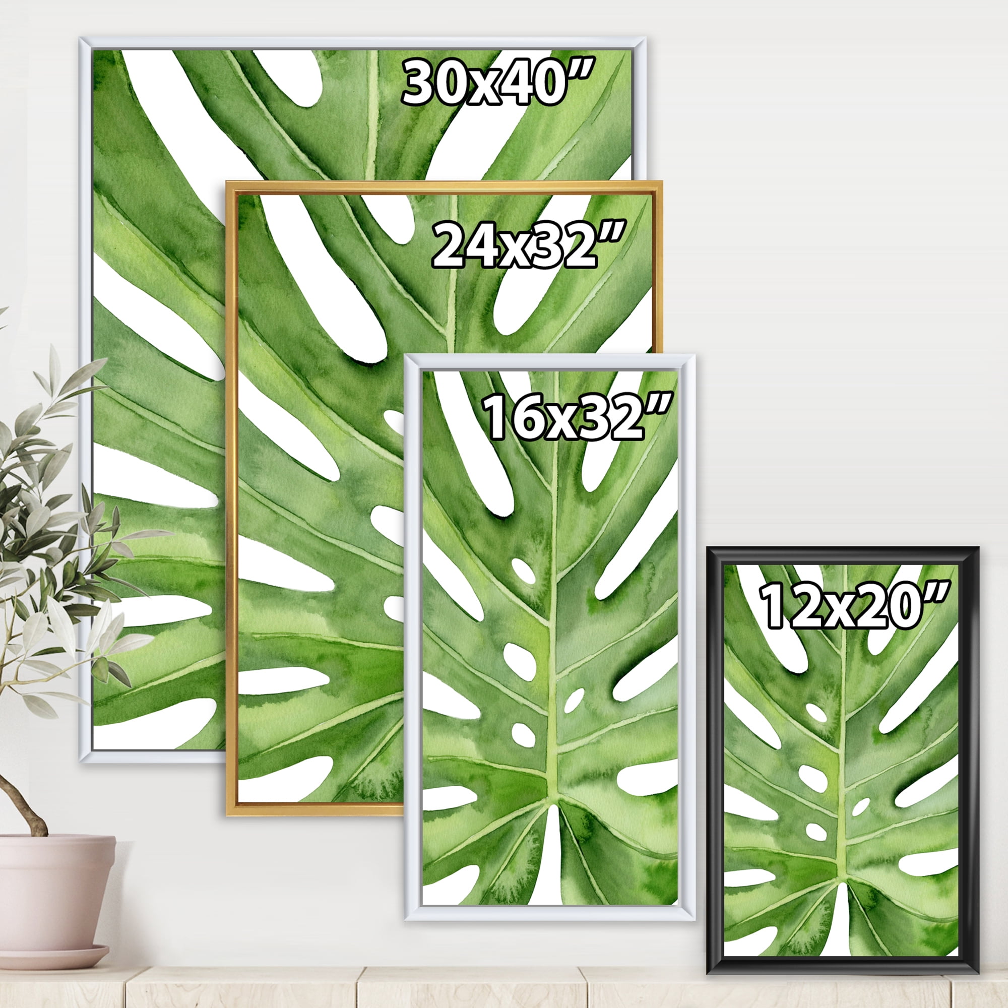 Designart 'Close Up Green Monstera Leaf Tropical Palm' Tropical Framed Canvas Wall Art Print