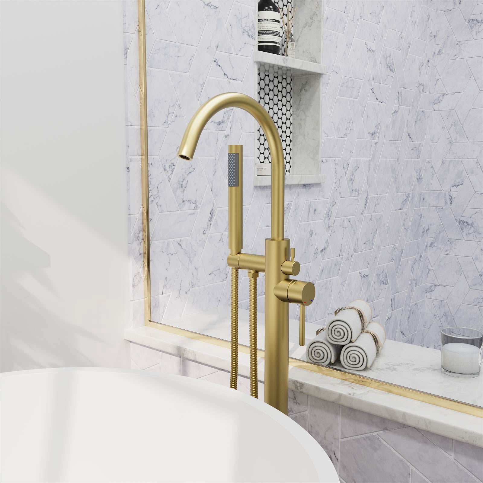 GT Freestanding Tub Faucet, High Flow Independent Free Standing Bathtub Faucet with Handheld Shower & Gooseneck Spout, 360°Swivel Tub Filler, Brass Body, Brushed Gold