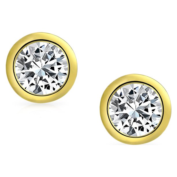 Simple Classic Bezel Set Cubic Zirconia AAA CZ Round Solitaire Stud  Earrings for Women Yellow Gold Plated .925 Sterling Silver 7MM