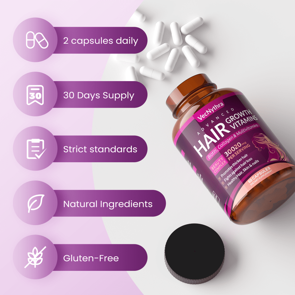 VecNythra Hair Growth Vitamins for Women | Biotin 10,000mcg, Collagen, , Saw Palmetto | Naturally Regrow Stronger & Healthier Hair, Skin and Nails | Stops Hair Loss,2-Pack