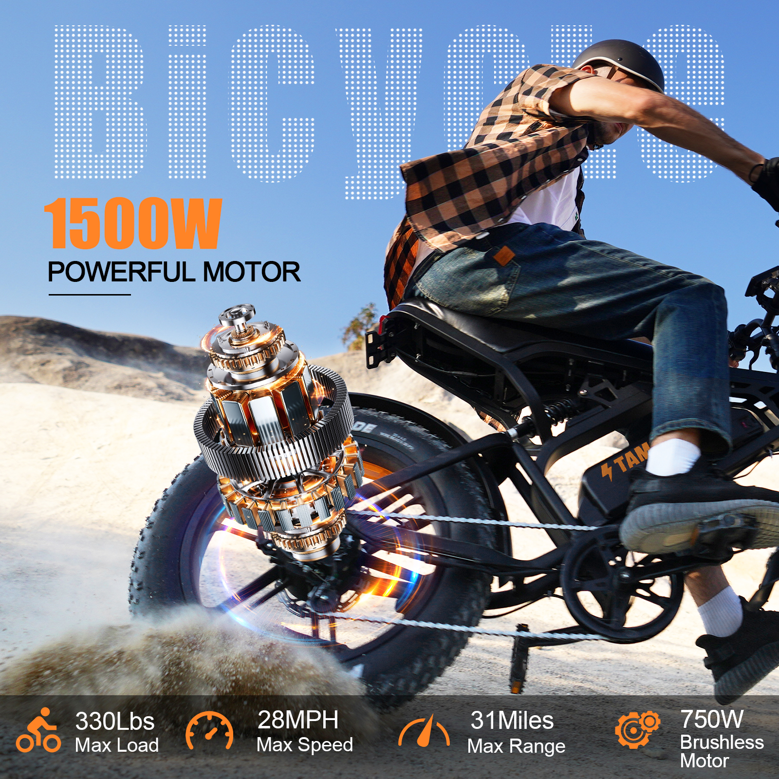 Tamobyke 750W Electric Bike for Adult, 28mph 48V/15Ah Removable Li-Ion Battery, 20" x4.0 Fat Tire Motorcycle Style E-bike for Commute/Work/Tough/Snow Road UL2849