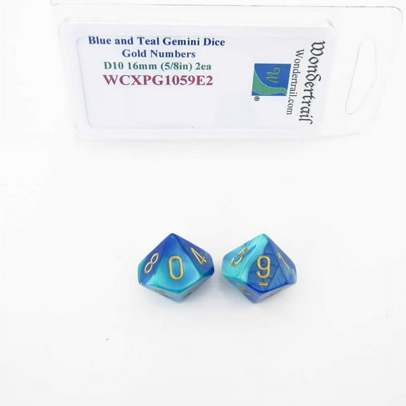 Blue and Teal Gemini Dice with Gold Numbers D10 Aprox 16mm (5/8in) Pack of 2 Wondertrail