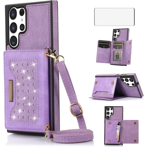 Phone Case for Samsung Galaxy S23 Ultra 5G Wallet Cover with Tempered Glass Screen Protector and Card Holder Slot Leather Bling Glitter Cell S23Ultra 23S S 23 23Ultra 6.8 inch Women Men Purple