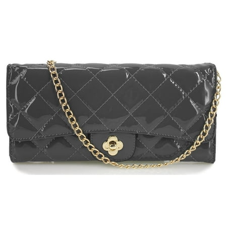 - Beaute Bags Collection Classic Quilted High Gloss Vegan Patent Leather Wallet on a Chain Clutch and Shoulder Handbag (black)