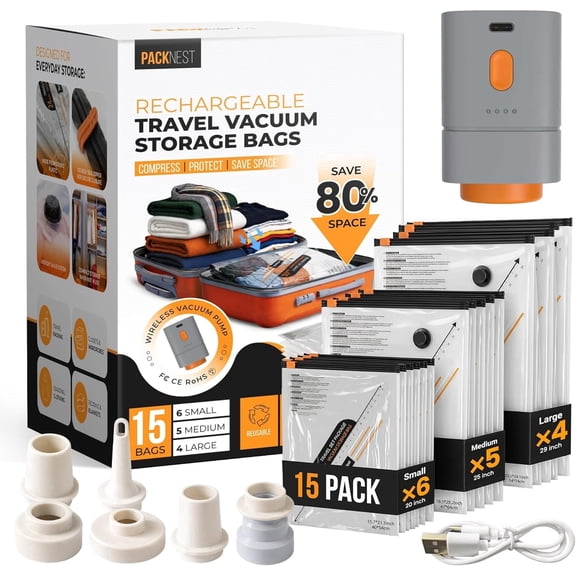 15 Pack Vacuum Storage Bags with Portable Rechargeable Pump, Space Saver, Vacuum Seal Bags for Clothes, Travel, and Luggage