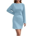 thumbnail image 2 of YHAJDS Women's Fall Winter Casual dress,Women's Dresses Long Sleeve Dress Solid Color Neck Slim Fitted Mini Party Club Mid Calf Length Elastic Waist Comfortable Dresses, 2 of 5