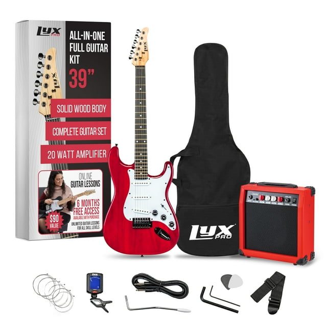 Guitarra eléctrica LyxPro de tamaño completo de 39 pulgadas con amplificador de 20 W, color rojo