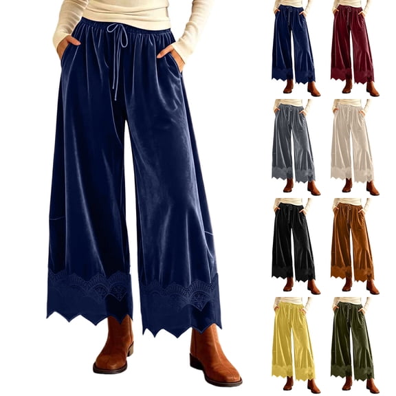 JGGSPWM Women's Velvet Cropped Lace-Hem Pants High Waisted Drawstring Wide Leg Pants Casual Lightweight Trousers with Pockets Yellow M