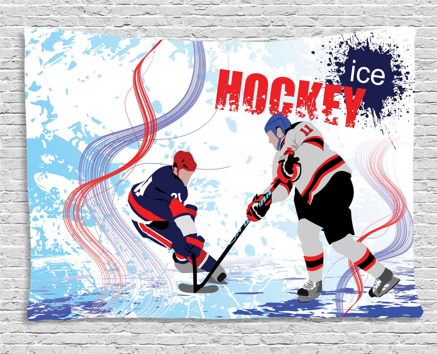 Hockey Tapestry, Two Ice Hockey Players in Cartoon Style on Grunge