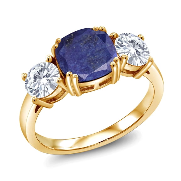 Gem Stone King 18K Yellow Gold Plated Silver Blue Lapis and White Moissanite 3 Stone Engagement Ring for Women (3.00 Cttw, Gemstone, Cushion 8MM, Size 6)
