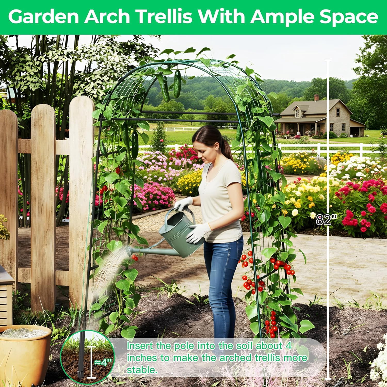 Garden Arch Trellis for Climbing Plants, 82 Inch Tall Metal Vine Support with Clamp Netting for Outdoor Flower Vegetable Tomato Cucumber Garden Decoration