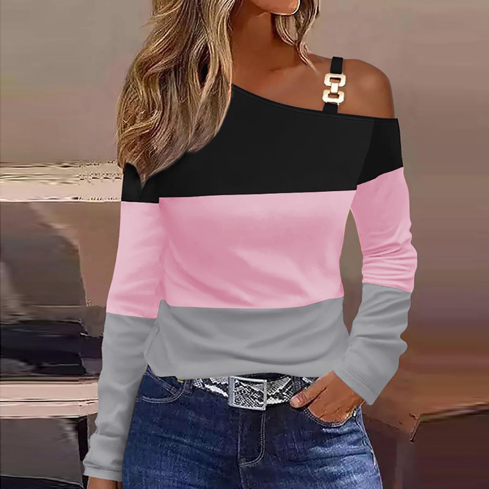 Frostluinai Womens O Ring Strap Shirts Dew Shoulder Oblique Neck