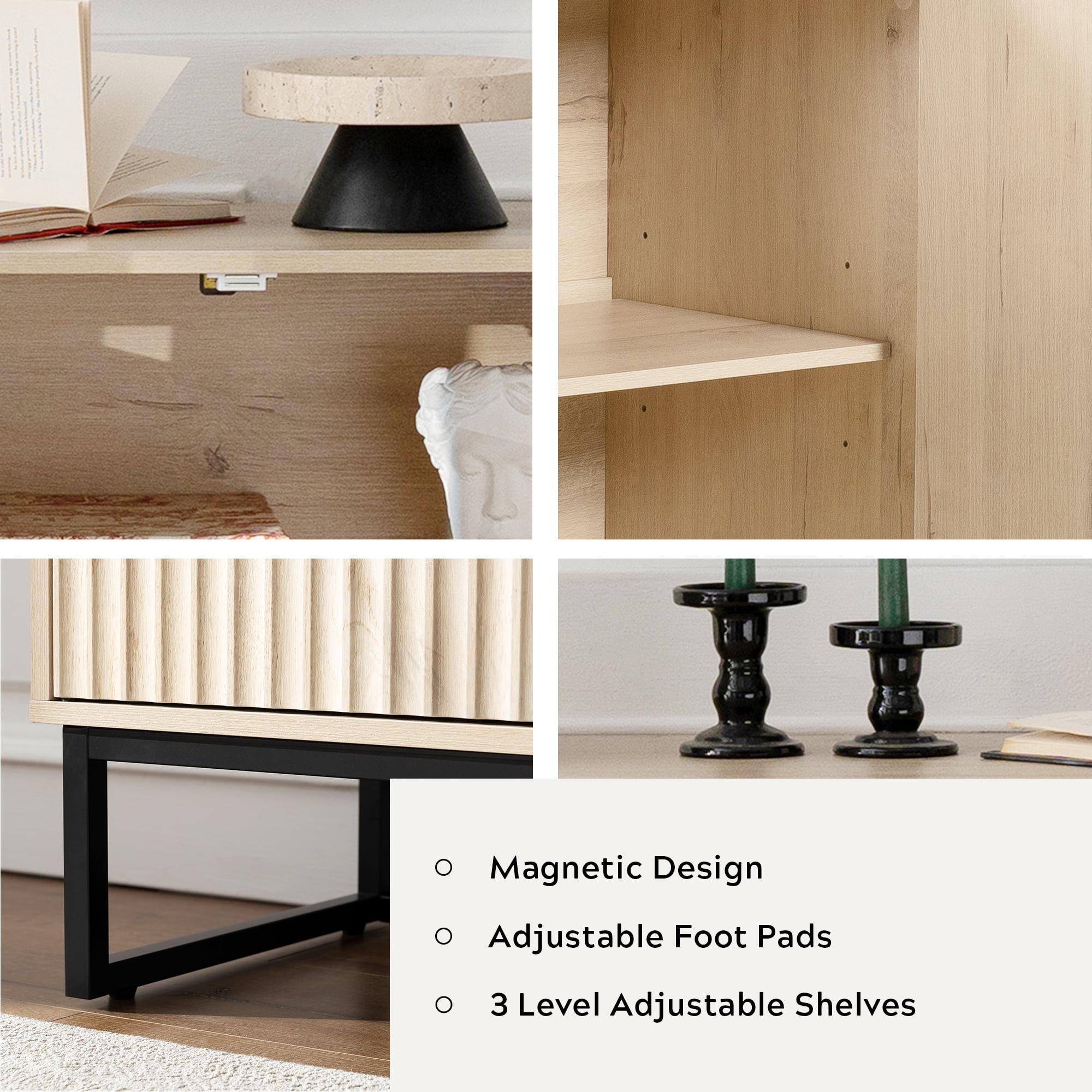Joyyskill Fluted Storage Cabinets Set of 2, Sideboard Buffet Cabinet with Adjustable Shelves, Multifunctional Console Table Accent Cabinet, Light Oak